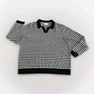 Hudson North Sweater Women XL Black White LS Collar V Neck Stripes Nautical Boho